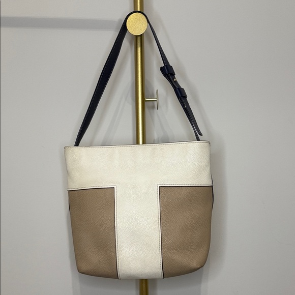 Tory Burch Pebbled Leather Tote – Neutral Colorblock – Shoulder Bag - Picture 3 of 15